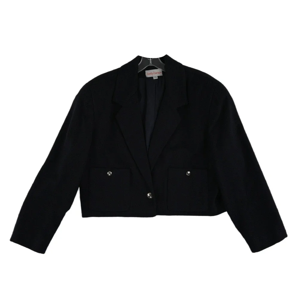 Vintage Betty Hanson 100% Pure Wool Blazer Women's Size 16 Navy Blue Cropped USA